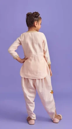 New Candies Embroidered Peach Kurti And Tulip Pant With Organza Ruffle Dupatta Ethnic Wear | Dhotis & Patialas