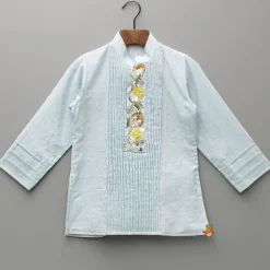 Outlet Chanderi Embroidered Blue Kurta With Pintucks And Pyjama BOY Indian Ethnic Wear | Ethnic Sets