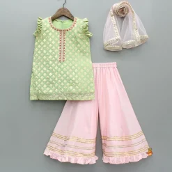 New Chanderi Embroidered Kurti And Flared Palazzo With Light Pink Dupatta Ethnic Wear | Palazzos & Shararas