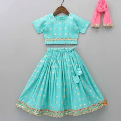 Clearance Chanderi Embroidered Teal Green Top And Lehenga With Contrasting Dupatta Ethnic Wear | Lehengas & Ghagras