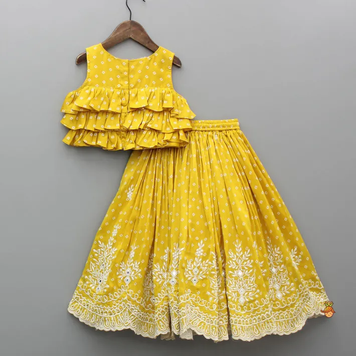 Fashion Chanderi Printed Mustard Ruffled Top And Embroidered Lehenga Ethnic Wear | Lehengas & Ghagras
