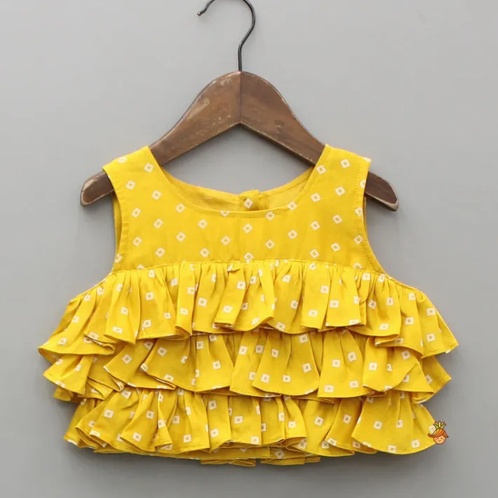 Fashion Chanderi Printed Mustard Ruffled Top And Embroidered Lehenga Ethnic Wear | Lehengas & Ghagras