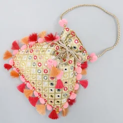 New Charming Faux Mirror Work Dual Toned Fringed Detailed Potli Bag Bags