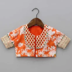 Sale Checks Detail Yoke Orange Top And Floral Printed Lehenga With Organza Dupatta Ethnic Wear | Lehengas & Ghagras
