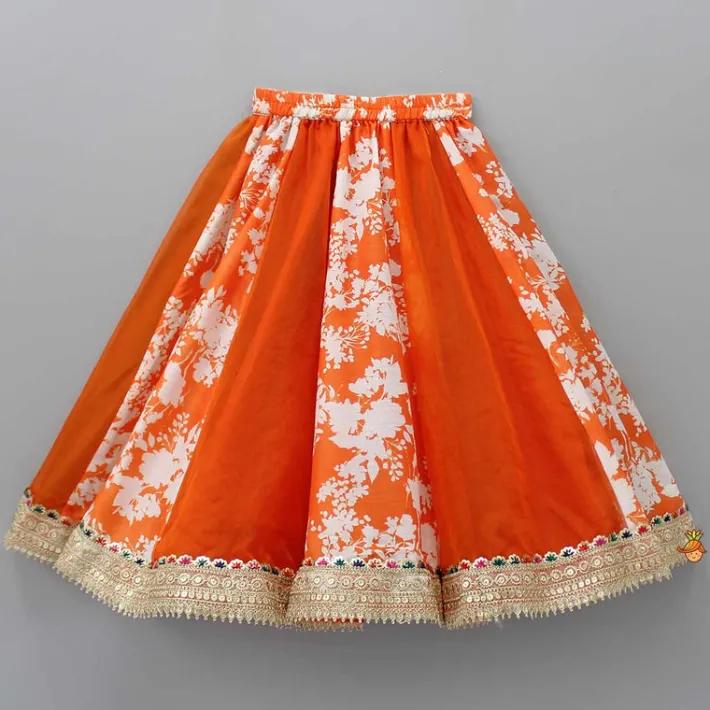 Sale Checks Detail Yoke Orange Top And Floral Printed Lehenga With Organza Dupatta Ethnic Wear | Lehengas & Ghagras