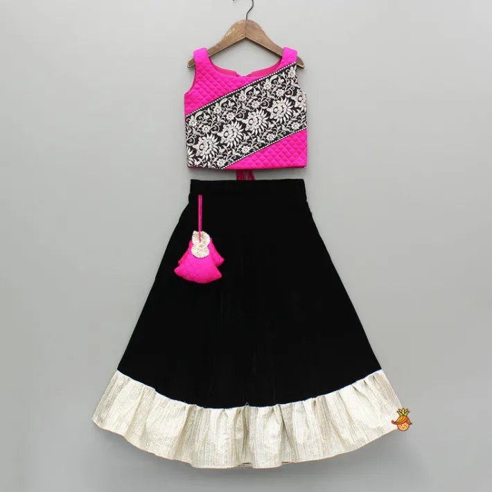 Fashion Checks Embroidered Dual Tone Top And Contrasting Tassels Enhanced Black Lehenga With Stylish Net Dupatta Ethnic Wear | Lehengas & Ghagras