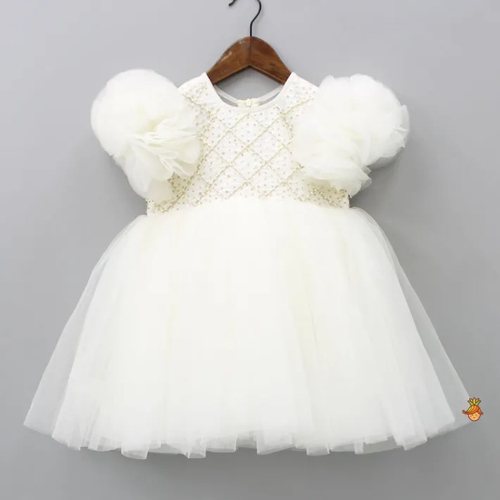 Best Checks Embroidered Yoke Off White Dress With Back Sequined Bow Dresses & Sets | Dresses