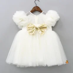 Best Checks Embroidered Yoke Off White Dress With Back Sequined Bow Dresses & Sets | Dresses