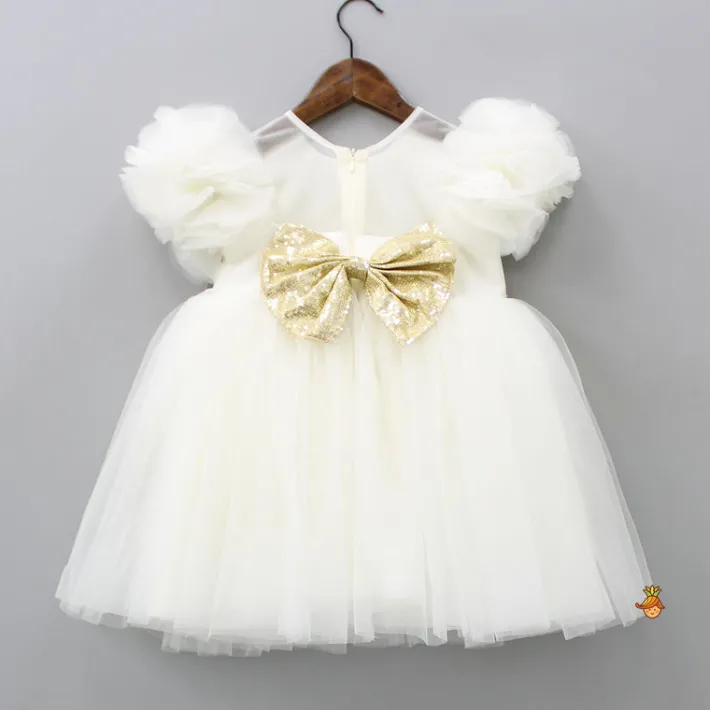 Best Checks Embroidered Yoke Off White Dress With Back Sequined Bow Dresses & Sets | Dresses