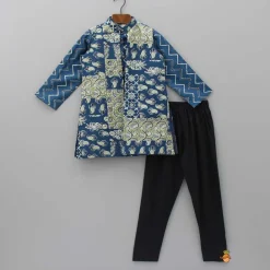 Online Chevron Blue Kurta With Printed Open Jacket And Black Churidar BOY Indian Ethnic Wear | Ethnic Sets