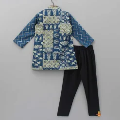 Online Chevron Blue Kurta With Printed Open Jacket And Black Churidar BOY Indian Ethnic Wear | Ethnic Sets