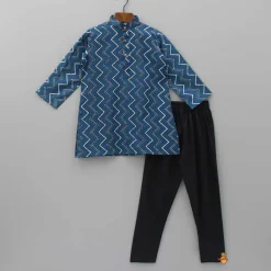 Online Chevron Blue Kurta With Printed Open Jacket And Black Churidar BOY Indian Ethnic Wear | Ethnic Sets