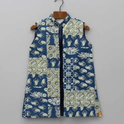 Online Chevron Blue Kurta With Printed Open Jacket And Black Churidar BOY Indian Ethnic Wear | Ethnic Sets