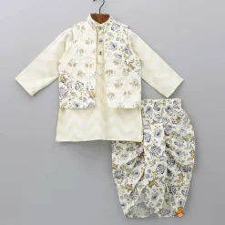 Outlet Chevron Printed Kurta With Open Jacket And Dhoti BOY Indian Ethnic Wear | Ethnic Sets