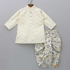 Outlet Chevron Printed Kurta With Open Jacket And Dhoti BOY Indian Ethnic Wear | Ethnic Sets