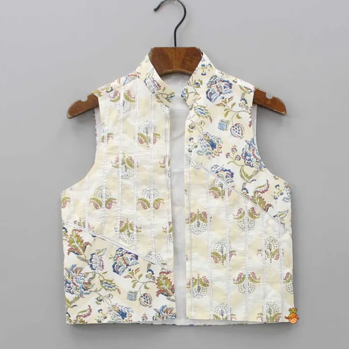 Outlet Chevron Printed Kurta With Open Jacket And Dhoti BOY Indian Ethnic Wear | Ethnic Sets