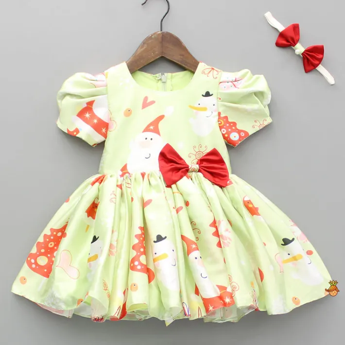 Outlet Christmas Theme Printed Green Flared Dress With Bowie Headband Dresses & Sets | Dresses
