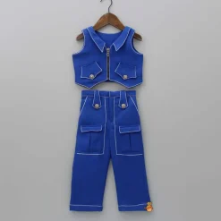 Hot Collar Neck Blue Top And Pocket Detail Pant Dresses & Sets | Sets