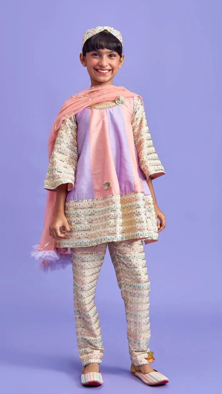 Hot Colour Block Flared Kurti And Embroidered Pant With Net Dupatta Ethnic Wear | Churidars & Salwars