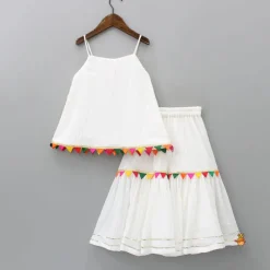 Outlet Colourful Triangles Lace Enhanced Flared Off White Top And Pleated Sharara With Contrasting Orange Leheriya Dupatta Ethnic Wear | Palazzos & Shararas