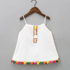 Outlet Colourful Triangles Lace Enhanced Flared Off White Top And Pleated Sharara With Contrasting Orange Leheriya Dupatta Ethnic Wear | Palazzos & Shararas