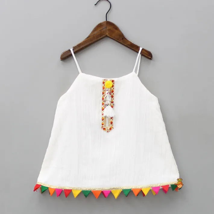 Outlet Colourful Triangles Lace Enhanced Flared Off White Top And Pleated Sharara With Contrasting Orange Leheriya Dupatta Ethnic Wear | Palazzos & Shararas