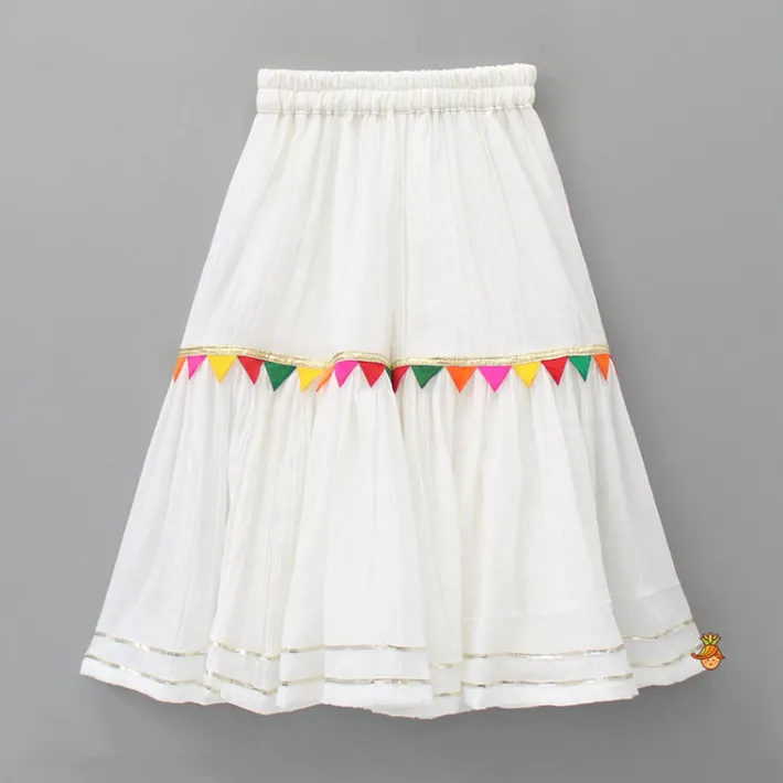 Outlet Colourful Triangles Lace Enhanced Flared Off White Top And Pleated Sharara With Contrasting Orange Leheriya Dupatta Ethnic Wear | Palazzos & Shararas