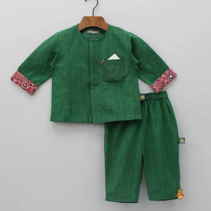 Online Contrasting Pocket Square Detail Green Short Kurta And Pyjama BOY Indian Ethnic Wear | Ethnic Sets