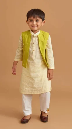 Outlet Cotton Cream Kurta With Green Jacket And Pocket Detail Pyjama BOY Indian Ethnic Wear | Ethnic Sets