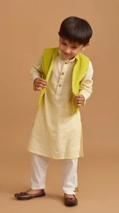 Outlet Cotton Cream Kurta With Green Jacket And Pocket Detail Pyjama BOY Indian Ethnic Wear | Ethnic Sets