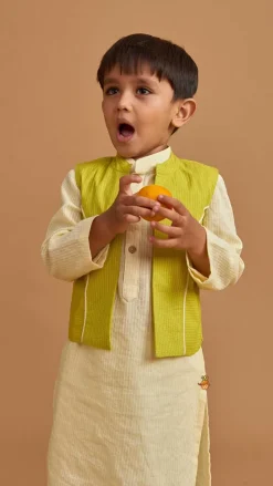 Outlet Cotton Cream Kurta With Green Jacket And Pocket Detail Pyjama BOY Indian Ethnic Wear | Ethnic Sets