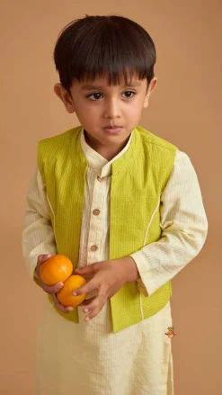 Outlet Cotton Cream Kurta With Green Jacket And Pocket Detail Pyjama BOY Indian Ethnic Wear | Ethnic Sets