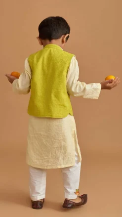 Outlet Cotton Cream Kurta With Green Jacket And Pocket Detail Pyjama BOY Indian Ethnic Wear | Ethnic Sets