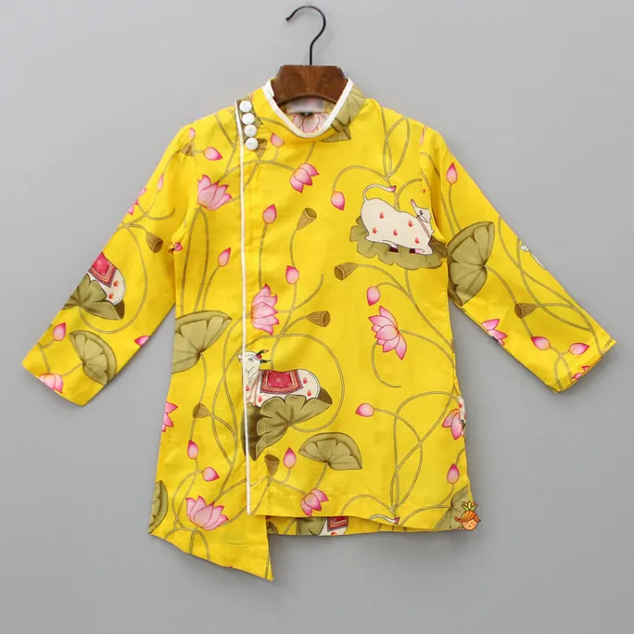 Best Cow And Lotus Printed Stylish Yellow Kurta With Pyjama BOY Indian Ethnic Wear | Ethnic Sets