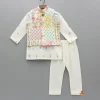 Clearance Cream Embroidered Kurta And Multicolour Printed Jacket With Pyjama BOY Indian Ethnic Wear | Ethnic Sets