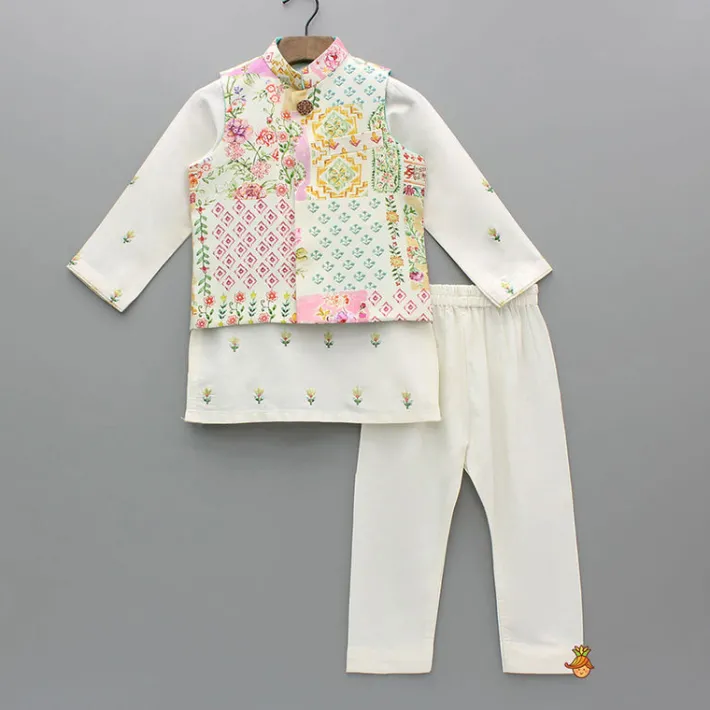 Clearance Cream Embroidered Kurta And Multicolour Printed Jacket With Pyjama BOY Indian Ethnic Wear | Ethnic Sets