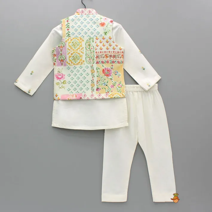 Clearance Cream Embroidered Kurta And Multicolour Printed Jacket With Pyjama BOY Indian Ethnic Wear | Ethnic Sets