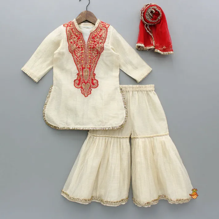 Discount Cream Embroidered Kurti And Sharara With Dupatta Ethnic Wear | Palazzos & Shararas