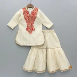 Discount Cream Embroidered Kurti And Sharara With Dupatta Ethnic Wear | Palazzos & Shararas