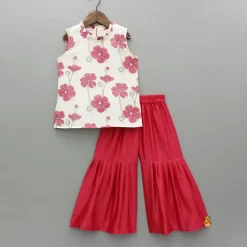 Hot Cream Floral Hand Block Printed Top And Sharara Twinning Sets | Ethnic Wear