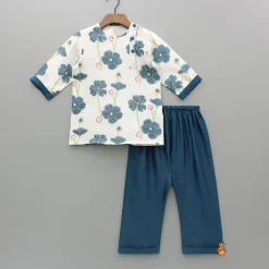 Sale Cream Floral Hand Block Printed Kurta And Pyjama BOY Indian Ethnic Wear | Ethnic Sets