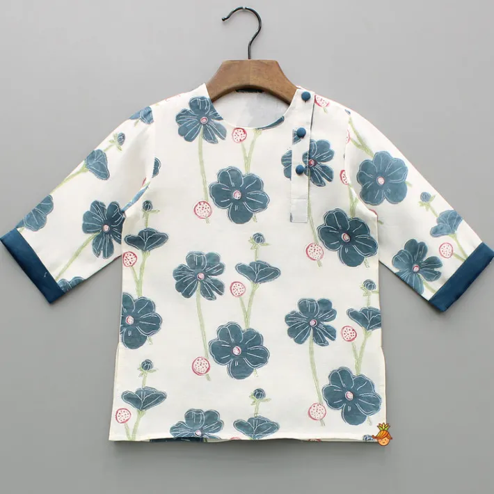 Sale Cream Floral Hand Block Printed Kurta And Pyjama BOY Indian Ethnic Wear | Ethnic Sets