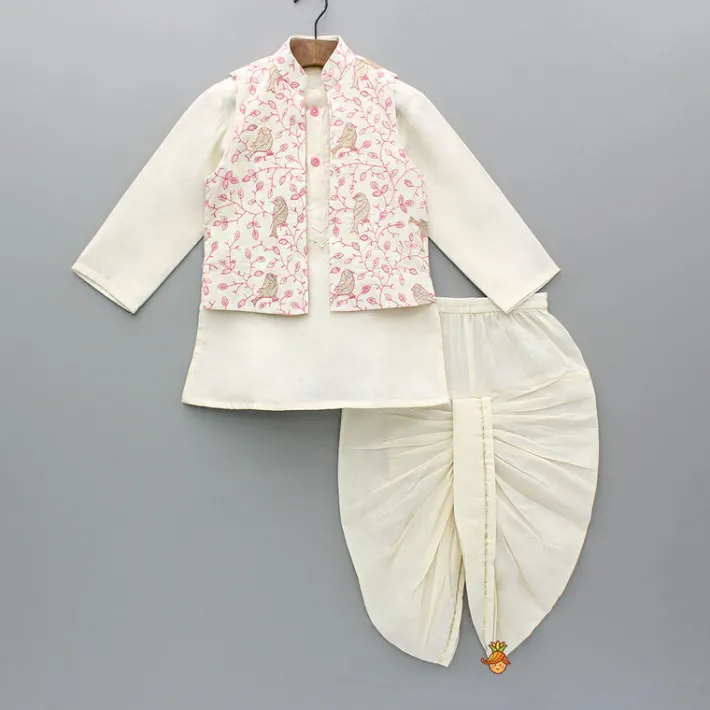 Clearance Cream Kurta And Bird Embroidered Jacket With Dhoti BOY Indian Ethnic Wear | Ethnic Sets