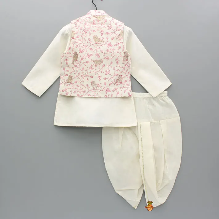 Clearance Cream Kurta And Bird Embroidered Jacket With Dhoti BOY Indian Ethnic Wear | Ethnic Sets
