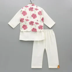 Clearance Cream Kurta And Floral Hand Block Printed Jacket With Pyjama BOY Twinning Sets | Indian Ethnic Wear