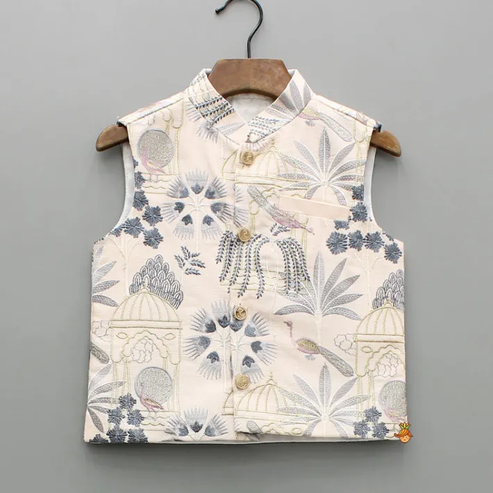 Online Cream Kurta With Embroidered Jacket And Pyjama BOY Indian Ethnic Wear | Ethnic Sets