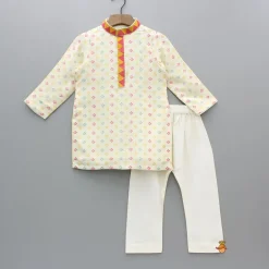 Sale Cream Multicolour Printed And Embroidered Kurta With Pyjama BOY Indian Ethnic Wear | Ethnic Sets
