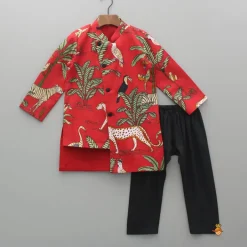 Hot Crimson Red Jungle Theme Printed Asymmetric Kurta And Black Pyjama BOY Indian Ethnic Wear | Ethnic Sets