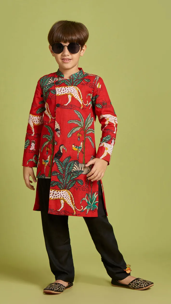 Online Crimson Red Jungle Theme Printed Asymmetric Kurta And Black Pyjama BOY Indian Ethnic Wear | Ethnic Sets