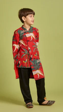 Online Crimson Red Jungle Theme Printed Asymmetric Kurta And Black Pyjama BOY Indian Ethnic Wear | Ethnic Sets